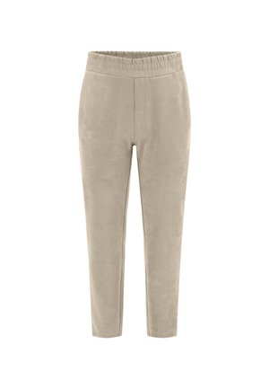 Pantaloni sportivi beige, affusolati, realizzati in un tessuto morbido. Presentano una vita elastica e tasche laterali. Design semplice senza motivi né accenti.