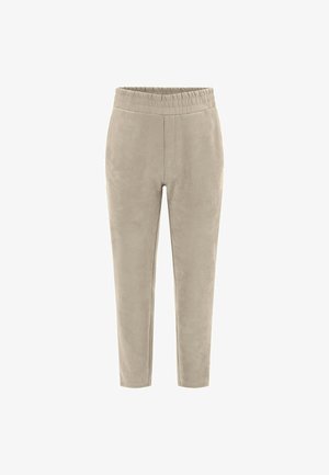 Bežové, zužujúce sa tepláky vyrobené z mäkkého materiálu. Majú elastický pás a bočné vrecká. Jednoduchý dizajn bez vzorov alebo akcentov.