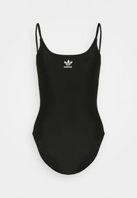 Čierny jednodielny plavky s tenkými ramienkami a okrúhlym výstrihom. Na hrudi má biele logo Adidas. Vyrobené z hladkej, pružnej tkaniny.