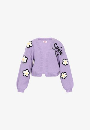 Cardigan lavorato a maglia lilla con design cropped, caratterizzato da applicazioni floreali in bianco e nero e dalla scritta "Smile" ricamata sul davanti.