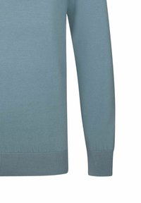 Lyseblå striktrøje med rund halsudskæring og lange ærmer, med ribbede manchetter og kant. Glat tekstur og afslappet pasform.