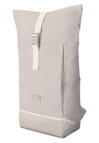 Gray backpack featuring a roll-top design, adjustable strap, external pocket, and a smooth texture with a subtle brand label.