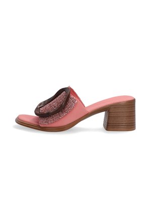 Pink heeled sandal featuring a textured upper with a woven design and a dark brown accent on the strap. Wood-like block heel.