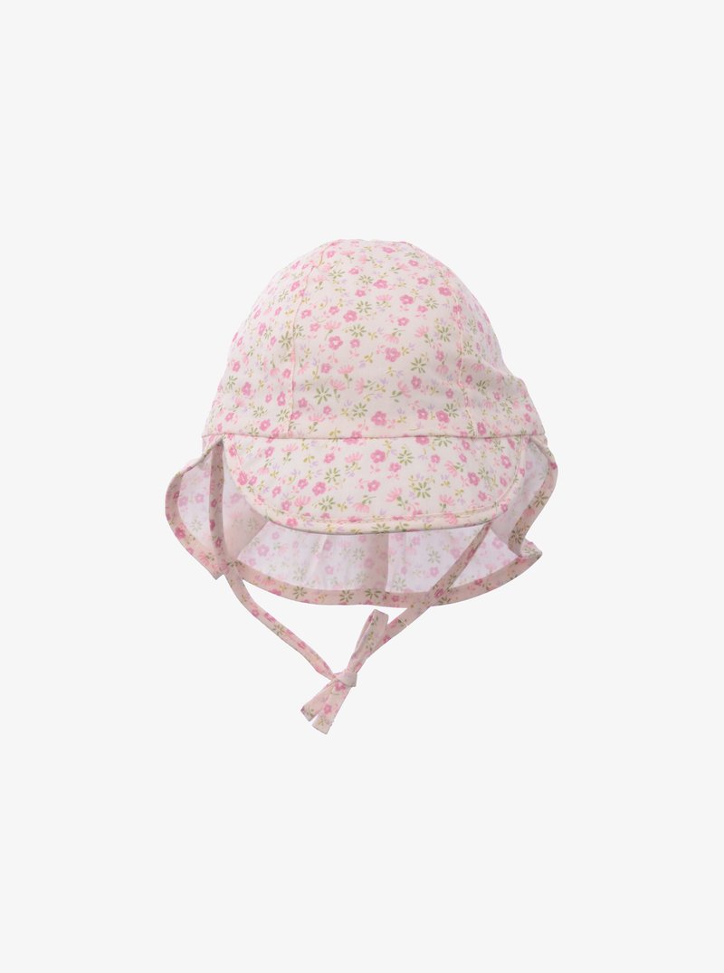 Baumwoll-Bucket-Hat mit floralem Muster in Pink und Grün. Verfügt über einen breiten Rand und Kinnbänder für einen sicheren Sitz. Leicht und atmungsaktiv.