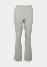 Grijze, uitlopende joggingsbroeken van een zachte katoenmix. Voorzien van een elastische tailleband en zijzakken met gestikte details.