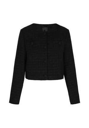 Must värviline lühike jakk, mis on valmistatud tekstuuriga kangast, ümmarguse kaelusega, pikkade varrukatega, ees nuppe sulgemisega ja kahe rinnataskuga.