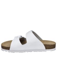 White, leather slide sandal with an open toe design, two straps, and a textured surface. Cork footbed with a rubber sole for traction.