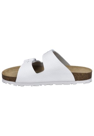 White, leather slide sandal with an open toe design, two straps, and a textured surface. Cork footbed with a rubber sole for traction.