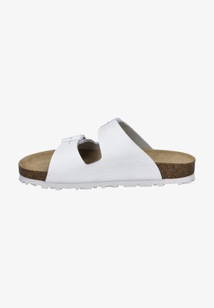 White, leather slide sandal with an open toe design, two straps, and a textured surface. Cork footbed with a rubber sole for traction.