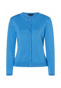 Sininen neulecardigan, jossa on pyöreä pääntie, pitkät hihat, napitus edessä ja resorireuna. Pehmeä rakenne ja kevyt muotoilu.