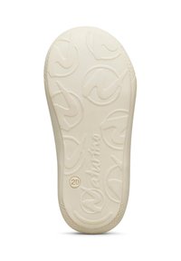 Suola di una scarpa per bambini beige con motivi circolari, il nome del marchio "Naturino" e la taglia numero 20 impressi sul fondo.