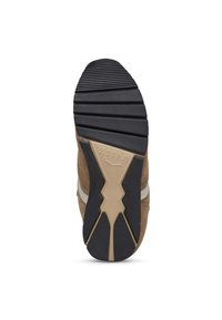 Brown suede sneaker sole with black rubber tread. Features a zigzag pattern and white stripe accent. Textured surface for grip.