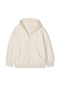 Sweat à capuche crème pelucheux avec une fermeture éclair frontale, deux poches avant, et une capuche à cordon. Texture douce et coupe décontractée.