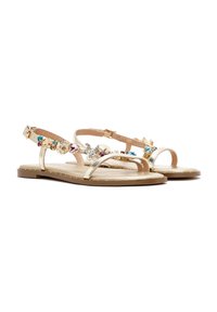 Gouden platte sandalen met een metallic afwerking, versierd met kleurrijke accenten en een slanke enkelband, op een beige zool.