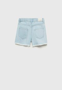 Light blue denim shorts with a frayed hem, five-pocket design, and a patch label at the back waist. Smooth texture, casual cut.