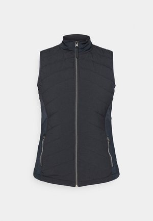 Gilet senza maniche blu navy con colletto alto, texture trapuntata, zip frontale e due tasche laterali con zip argentate.