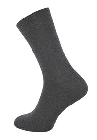 Graue Baumwollsocke mit geripptem Bund, glatter Textur und verstärkter Zehen- und Fersenpartie. Knielang mit klassischem Design.