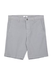 Pantaloni corti in cotone grigio con davanti piatto, passanti per cintura, chiusura a un bottone e due tasche laterali. Texture liscia e design fino al ginocchio.