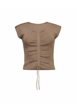 Bruine korte mouwen gebreide top met centrale plooien en verstelbare aantrekkoorden aan de zoom, afgebeeld op een witte achtergrond.