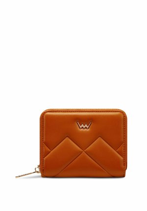 Orange leather wallet with a quilted design, featuring a zip closure and metal logo accent on the front. Compact and sleek shape.
