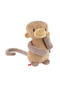 Brown plush monkey toy with a soft, fuzzy body, rounded face, and curved tail. Features stitched facial details and a small tag.