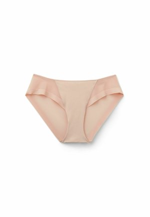 Ropa interior femenina beige estilo bikini sin costuras con paneles laterales translúcidos, mostrada sobre un fondo blanco.