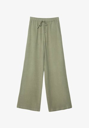 Weite Hosen in leicht olivgrünem Leinen, mit einem elastischen Bund und Kordelzug sowie seitlichen Taschen. Glatte Textur.