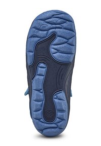 Blauer und marineblauer Gummischuhsohle mit strukturierten Griffmustern, die Rillen und Konturen aufweist und für Traktion und Flexibilität ausgelegt ist.