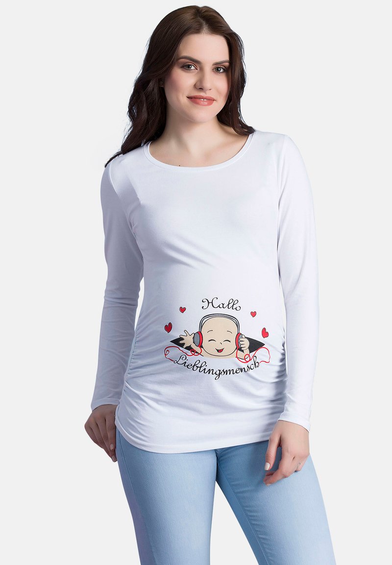 Weißes Langarm-Maternity-Shirt mit einem Cartoon-Design, das ein lächelndes Baby mit Kopfhörern zeigt, und dem Text "Hallo Lieblingsmensch."