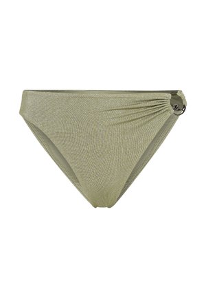 Bikini bottom verde scintillante con dettaglio arricciato sui lati e accent metallico. Tessuto liscio con taglio a vita media e design a copertura totale.