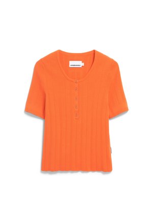 Kurzes, oranges, geripptes Shirt mit rundem Ausschnitt und Knopfleiste, aus strukturiertem Strickstoff gefertigt.