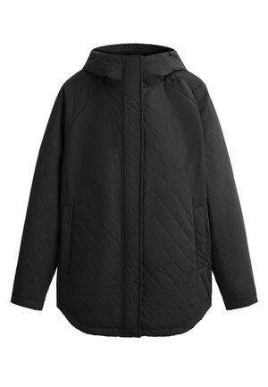 Czarna, pikowana kurtka z kapturem. Posiada płaskie szwy, dwie boczne kieszenie i prosty krój. Gładka tekstura, lekki materiał.