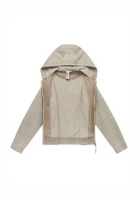Giacca con cappuccio in tonalità beige e grigio chiaro, realizzata con una morbida miscela di tessuti, dotata di tasche frontali e chiusura con zip. Texture liscia, design casual.
