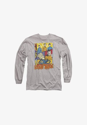 Graues Langarmshirt mit einem bunten Grafikdruck, der Charaktere und Motive aus Star Trek zeigt, einschließlich eines Raumschiffs und Geräten.