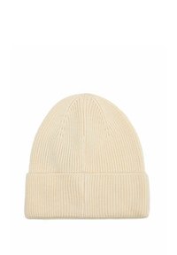 Beżowa czapka z prążkowanego materiału z zagiętym brzegiem, wyłożona na białym tle.