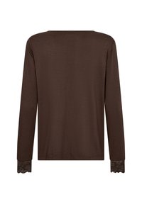 Maglietta a maniche lunghe di colore marrone realizzata in tessuto morbido, con bordo in pizzo ai polsini e un semplice scollo rotondo. Tessuto liscio senza motivi visibili.