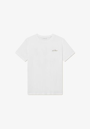 White cotton t-shirt with a crew neck, short sleeves, and a small gold logo on the left chest. Smooth texture and standard fit.