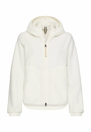 Hvid fleecejakke med lynlås og hætte, to forlommer og elastiske manchetter, vist mod en ensfarvet baggrund.