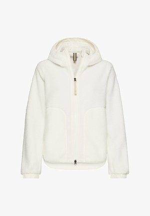 Weißes Fleece-Jacke mit durchgehendem Reißverschluss, Kapuze, zwei Vordertaschen und elastischen Bündchen, auf einfachem Hintergrund dargestellt.