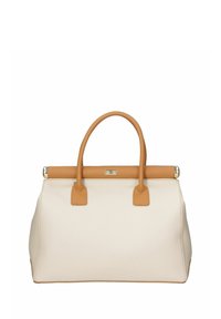 Bolso de mano de cuero crema con acentos marrones, diseño estructurado, doble asa superior y un cierre metálico. Textura suave con hardware mínimo.