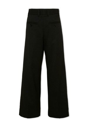 Pantalon noir à jambes larges avec poches passepoilées boutonnées à l’arrière et passants pour ceinture, présenté à plat sur fond blanc.
