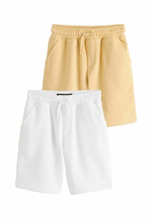 Two pairs of elastic waist drawstring shorts, one beige and one white, both with side pockets, laid flat on a white background.