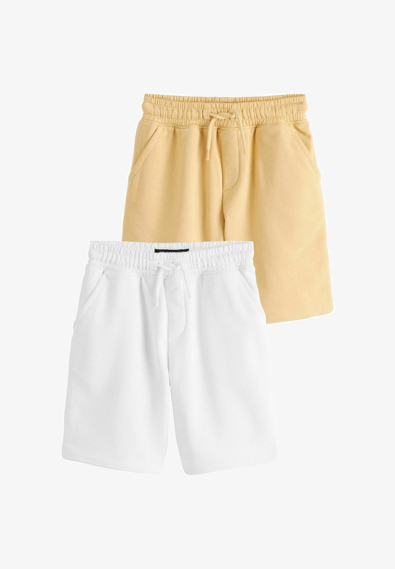Deux shorts à taille élastique avec cordon, un beige et un blanc, tous deux dotés de poches latérales, posés à plat sur un fond blanc.