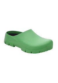 Green rubber clog featuring a smooth, rounded design, wide opening, and thick, textured outsole for grip.