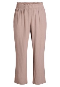 Pantaloni leggeri di un rosa chiaro, con cintura elastica, design a gamba dritta e una sottile texture in tutto il capo. Senza tasche visibili.