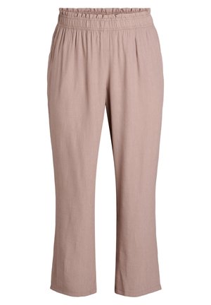 Light pink, lightweight trousers with an elastic waistband, straight leg design, and a subtle texture throughout. No visible pockets.