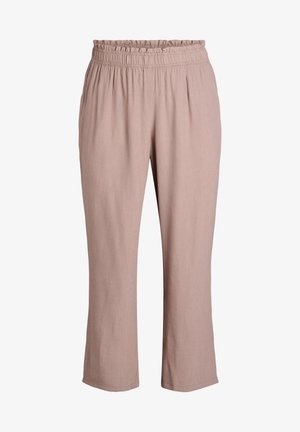 Heledad roosa, kergest materjalist püksid elastse vöökohaga, sirge jala disain ja kergelt tekstureeritud pinnaga. Ei mingeid nähtavaid taskuid.