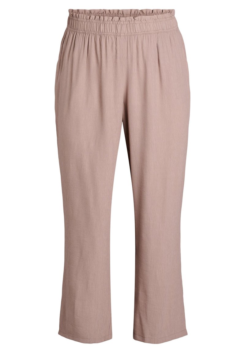 Pantaloni leggeri di un rosa chiaro, con cintura elastica, design a gamba dritta e una sottile texture in tutto il capo. Senza tasche visibili.