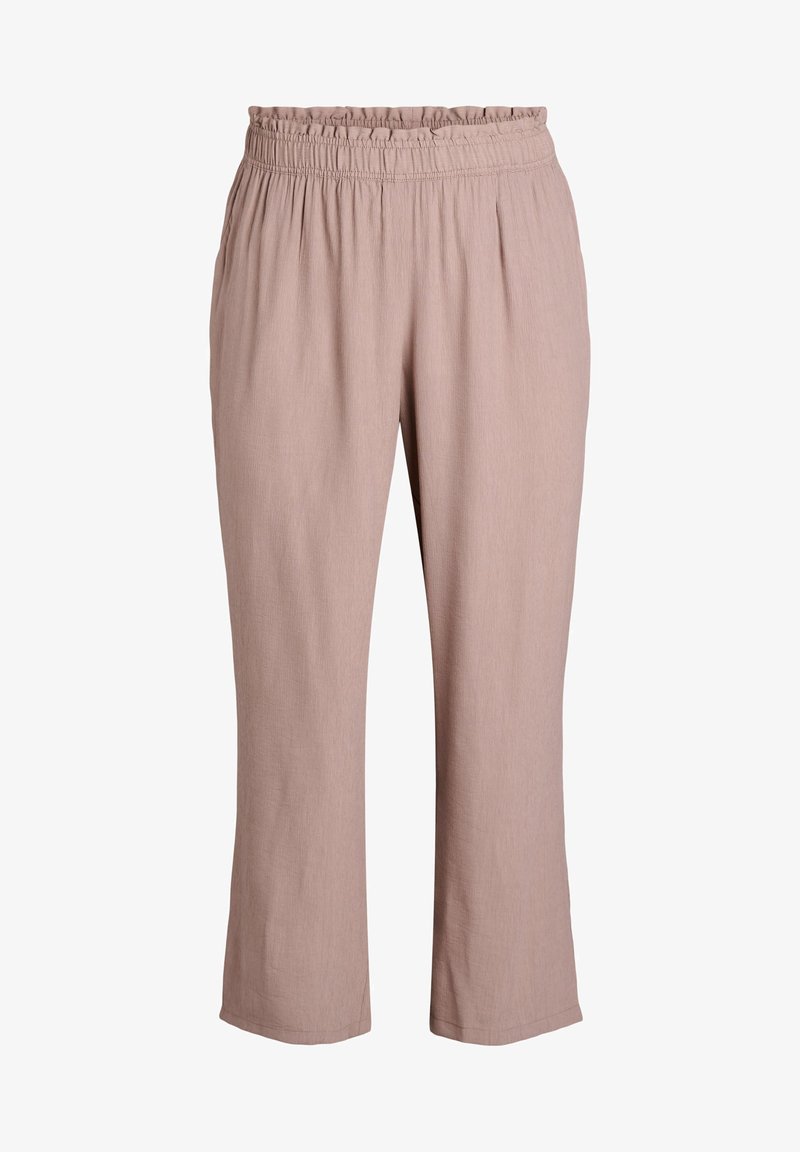 Jasnoróżowe, lekkie spodnie z elastycznym paskiem, proste nogawki i subtelna faktura na całej powierzchni. Brak widocznych kieszeni.