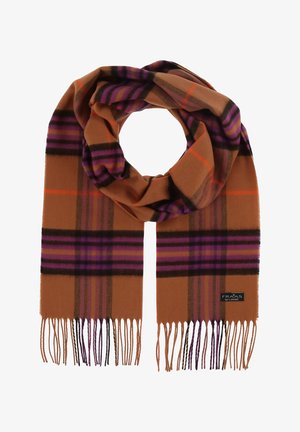 Hnedý károvaný šál vyrobený z mäkkého materiálu, s fialovými a oranžovými pruhmi. Rafinované okraje s logom na jednej strane.